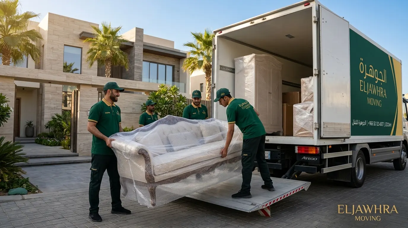فريق الجوهرة يجهز أثاثًا مغلفًا للتحميل داخل سيارة نقل عفش في جدة